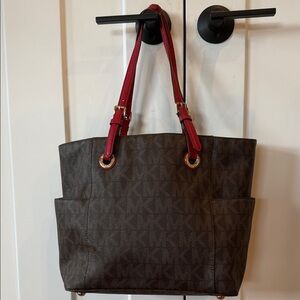 Michael Kors Stylish Brown Tote Bag Red Accents MK designer handbag purse